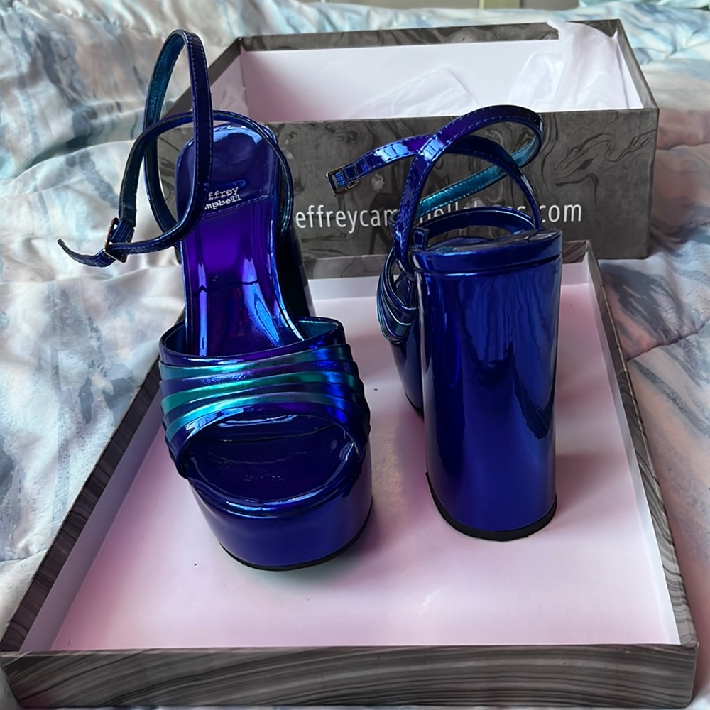 Jeffry Campbell 🧿 BOOGIE-DWN 🧿 Blue Metallic Sandal ChUnKy Heel 💫 Size 9  💫